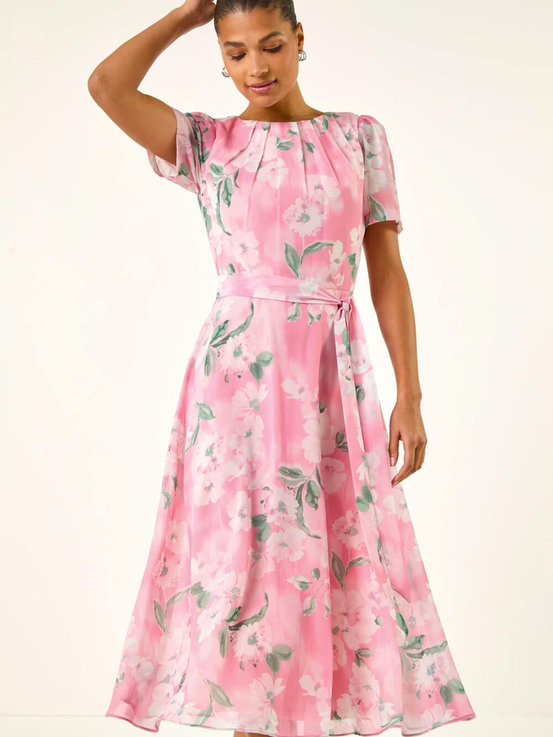 Buy Roman Pink Floral Print Pleat Neck Midi Dress from Next Austria