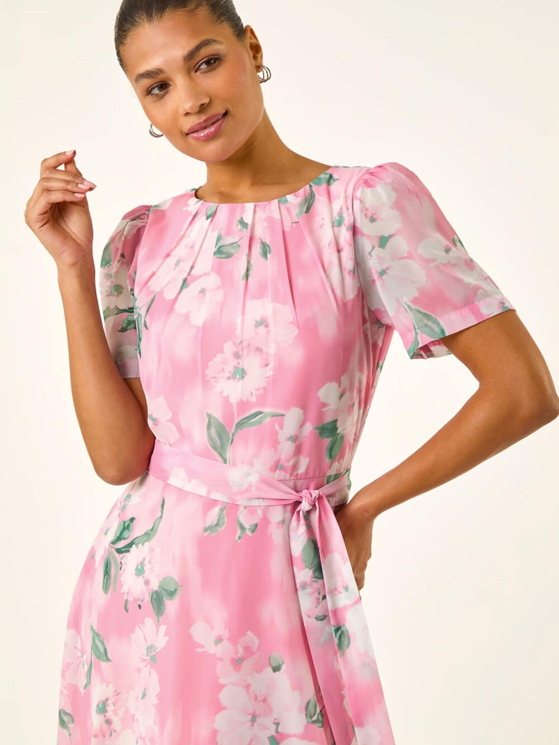 Buy Roman Pink Floral Print Pleat Neck Midi Dress from the Next UK