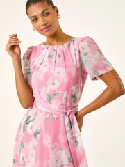 Roman Pink Floral Print Pleat Neck Midi Dress - Image 4 of 5