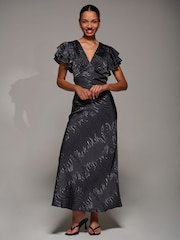 Jolie Moi Grey Ruffle Sleeve Print Satin Maxi Dress - Image 1 of 6