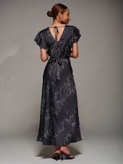 Jolie Moi Grey Ruffle Sleeve Print Satin Maxi Dress - Image 2 of 6