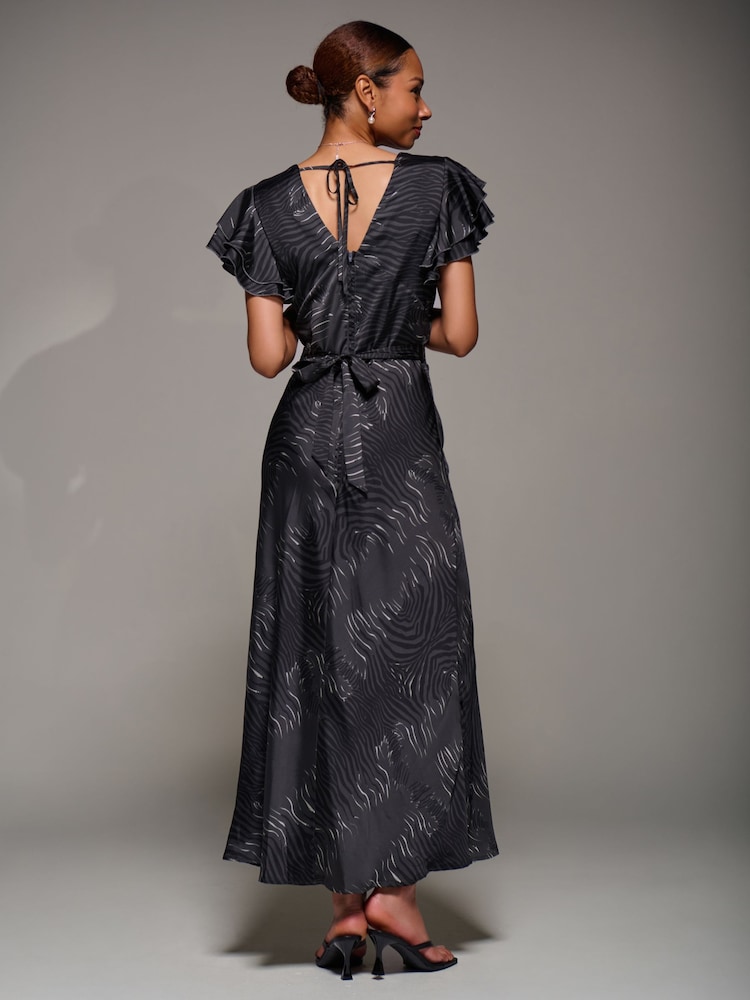 Jolie Moi Grey Ruffle Sleeve Print Satin Maxi Dress - Image 2 of 6 Jolie Moi Grey Ruffle Sleeve Print Satin Maxi Dress - Image 2 of 6