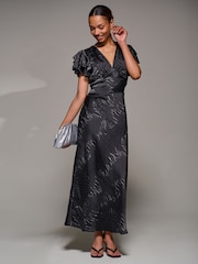 Jolie Moi Grey Ruffle Sleeve Print Satin Maxi Dress - Image 5 of 6