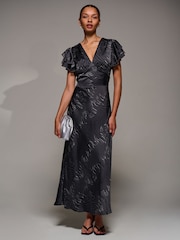 Jolie Moi Grey Ruffle Sleeve Print Satin Maxi Dress - Image 6 of 6