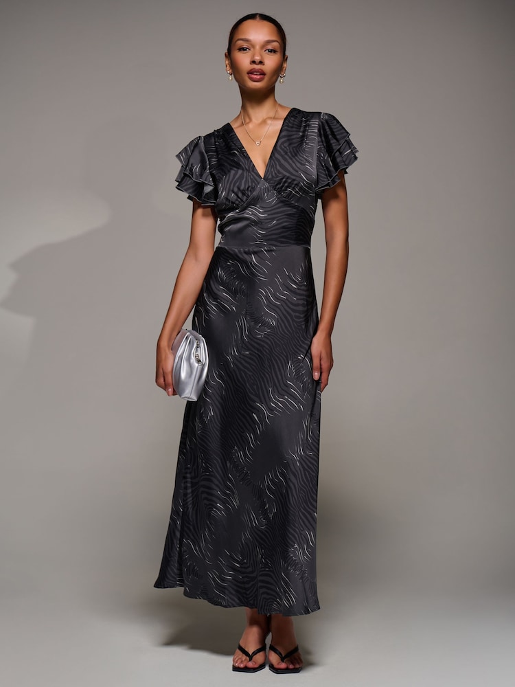 Jolie Moi Grey Ruffle Sleeve Print Satin Maxi Dress - Image 6 of 6 Jolie Moi Grey Ruffle Sleeve Print Satin Maxi Dress - Image 6 of 6
