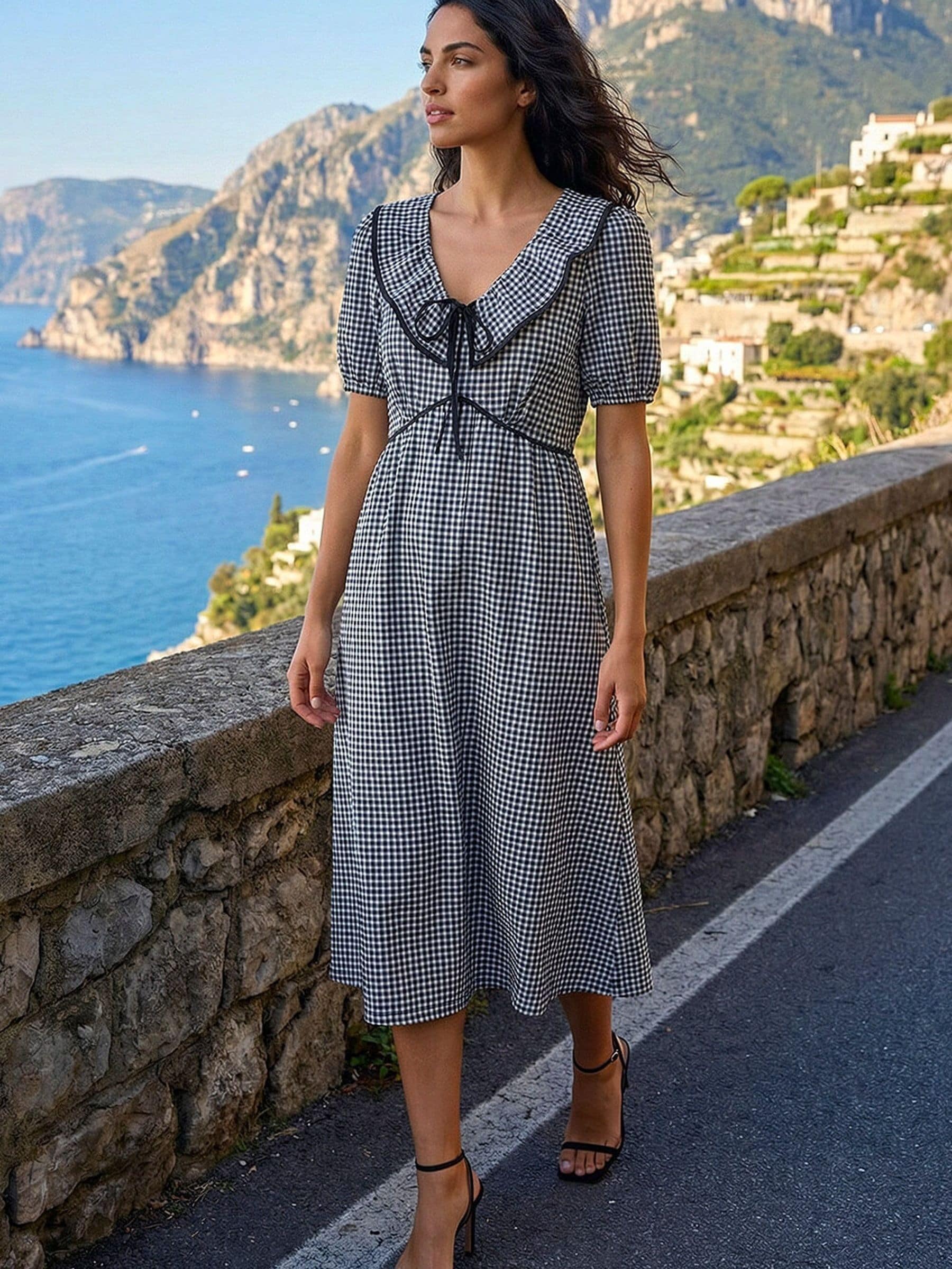 Buy Roman Black Gingham Frill Tie Midi Dress from Next Australia