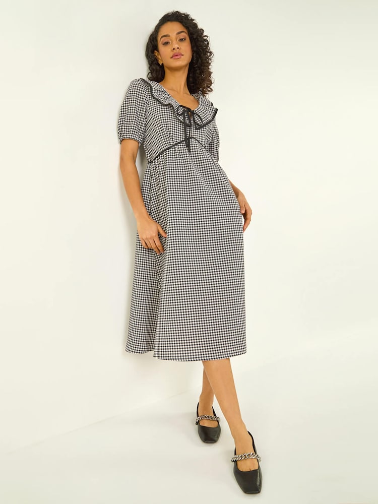 Roman Black Gingham Frill Tie Midi Dress - Image 1 of 5