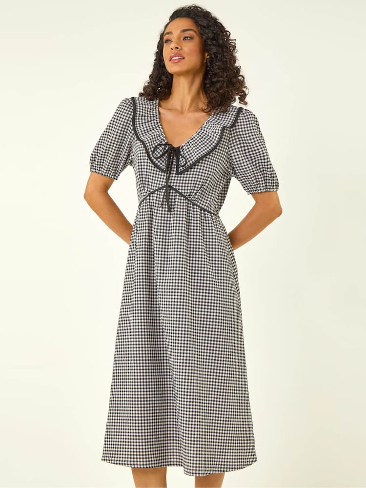 Roman Black Gingham Frill Tie Midi Dress - Image 2 of 5