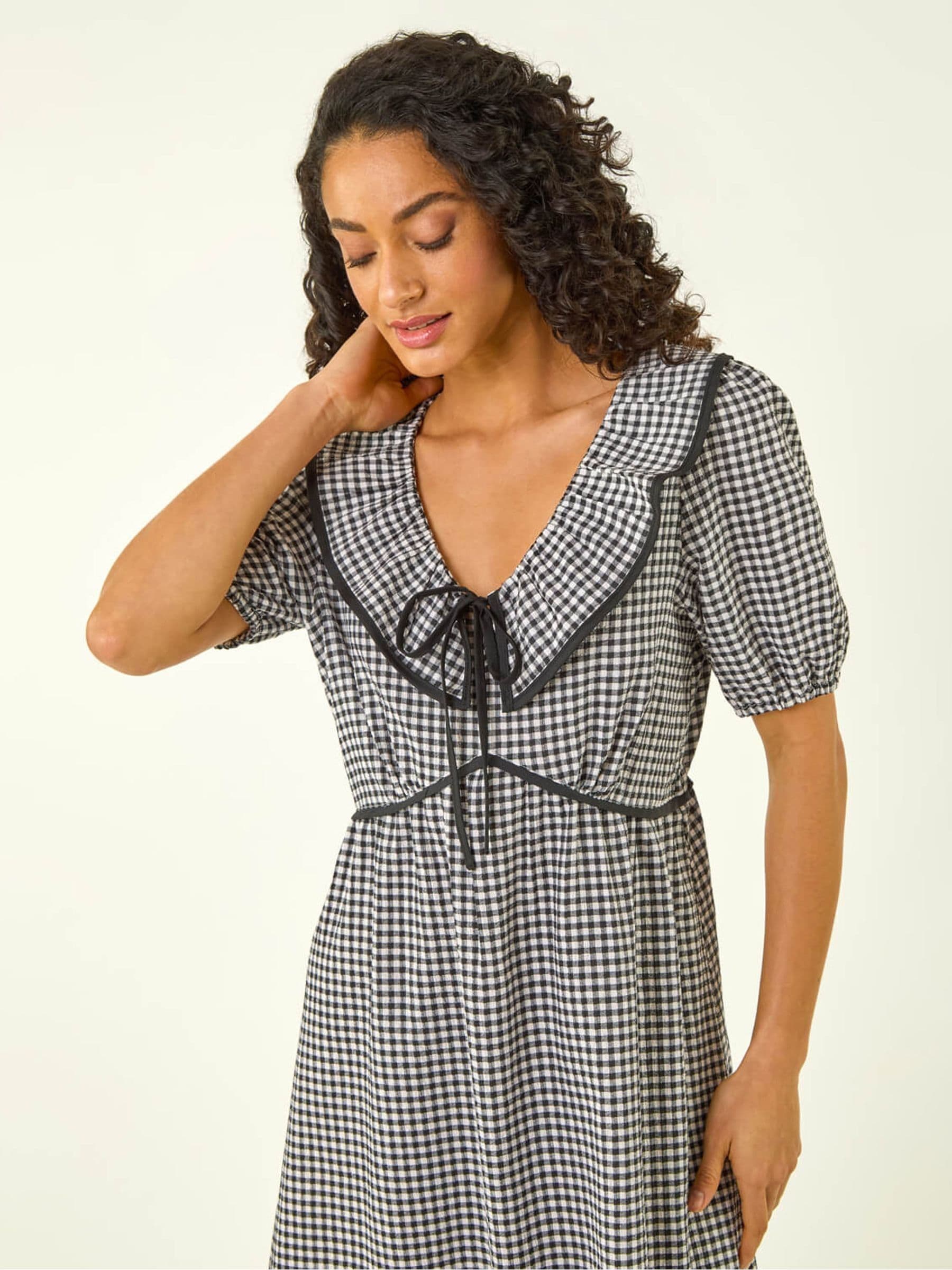 Buy Roman Black Gingham Frill Tie Midi Dress from the Next UK
