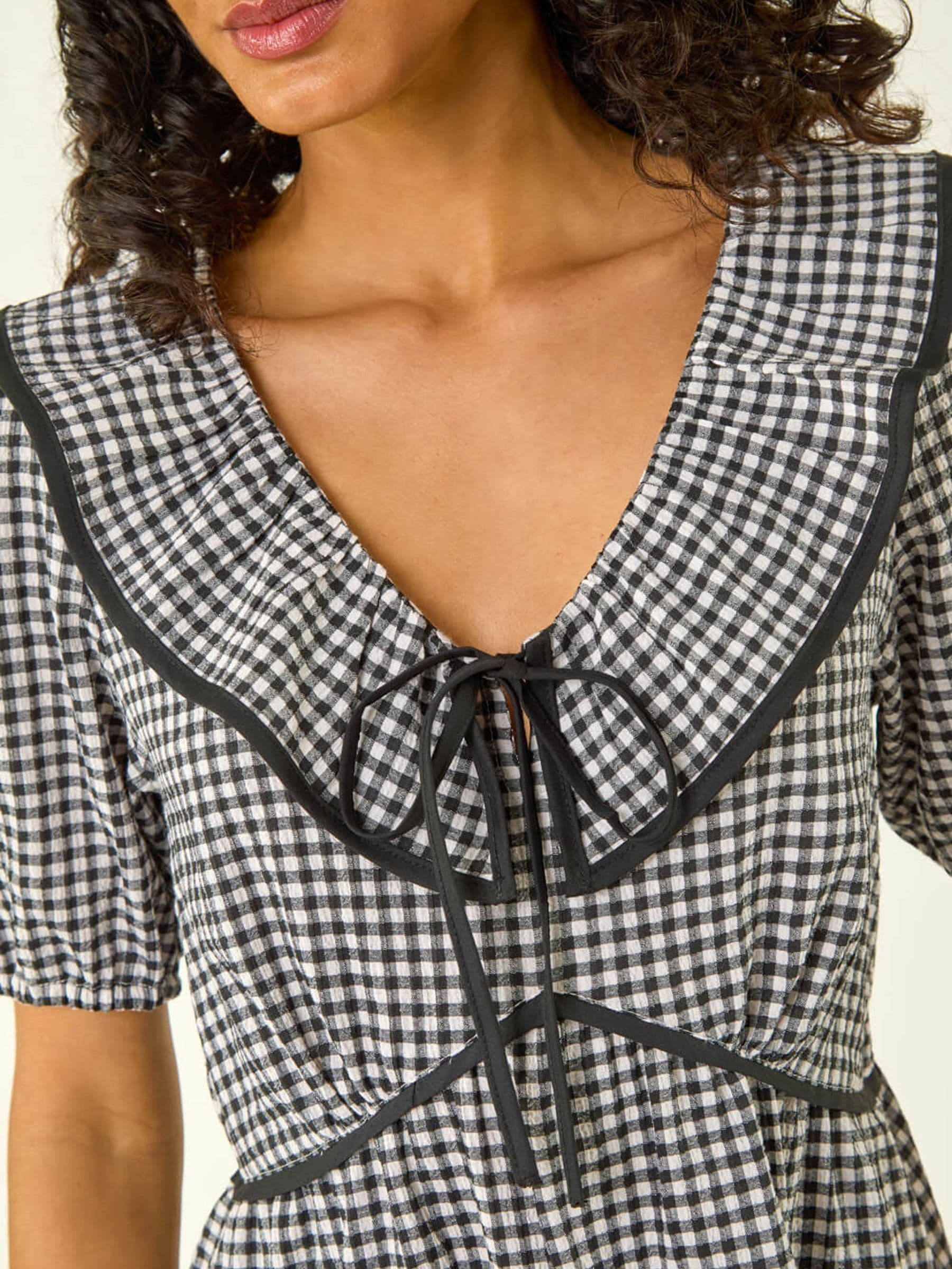 Buy Roman Black Gingham Frill Tie Midi Dress from the Next UK