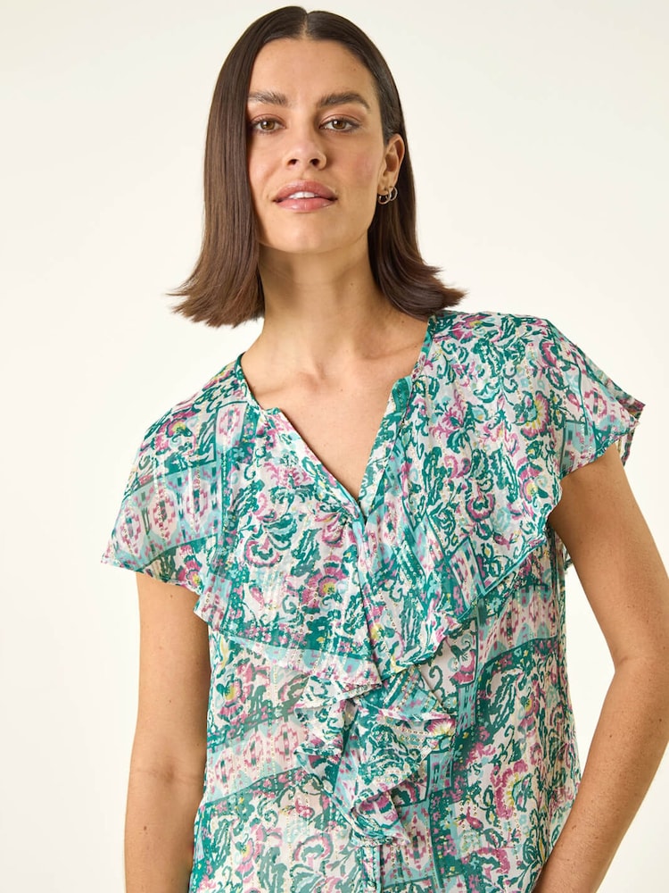 Roman Green Abstract Print Ruffle Front Blouse - Image 1 of 5