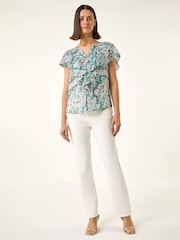 Roman Green Abstract Print Ruffle Front Blouse - Image 2 of 5