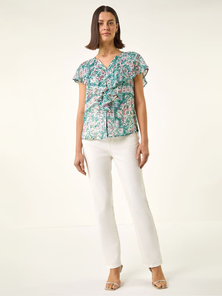 Roman Green Abstract Print Ruffle Front Blouse - Image 2 of 5