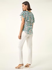 Roman Green Abstract Print Ruffle Front Blouse - Image 3 of 5