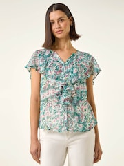 Roman Green Abstract Print Ruffle Front Blouse - Image 4 of 5