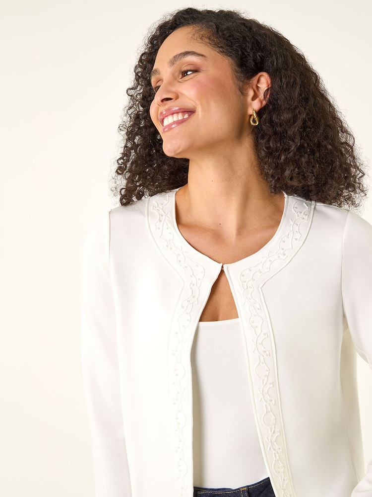 Roman White Beaded Trim Open Jacket - Image 1 of 5 Roman White Beaded Trim Open Jacket - Image 1 of 5