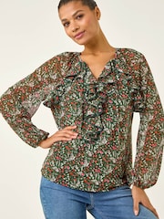 Roman Green Floral Mesh Print Gathered Top - Image 4 of 5