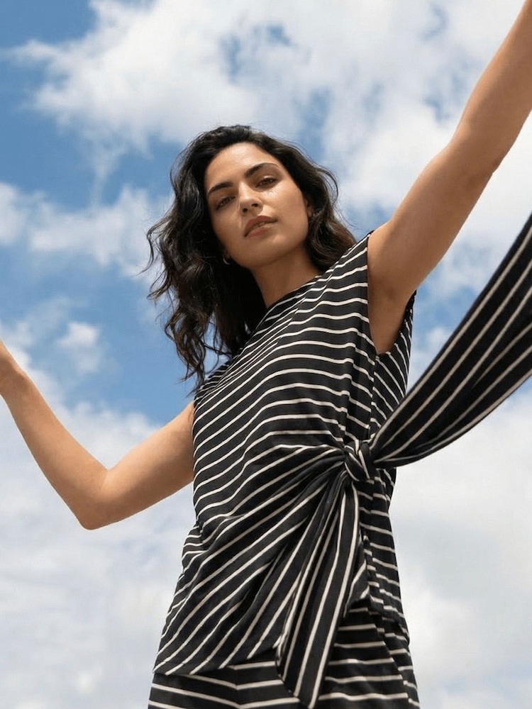 Roman Black Stripe Tie Waist Stretch Top - Image 1 of 5