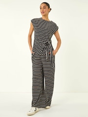 Roman Black Stripe Tie Waist Stretch Top - Image 2 of 5