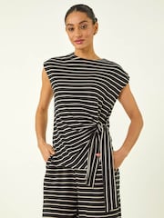 Roman Black Stripe Tie Waist Stretch Top - Image 4 of 5