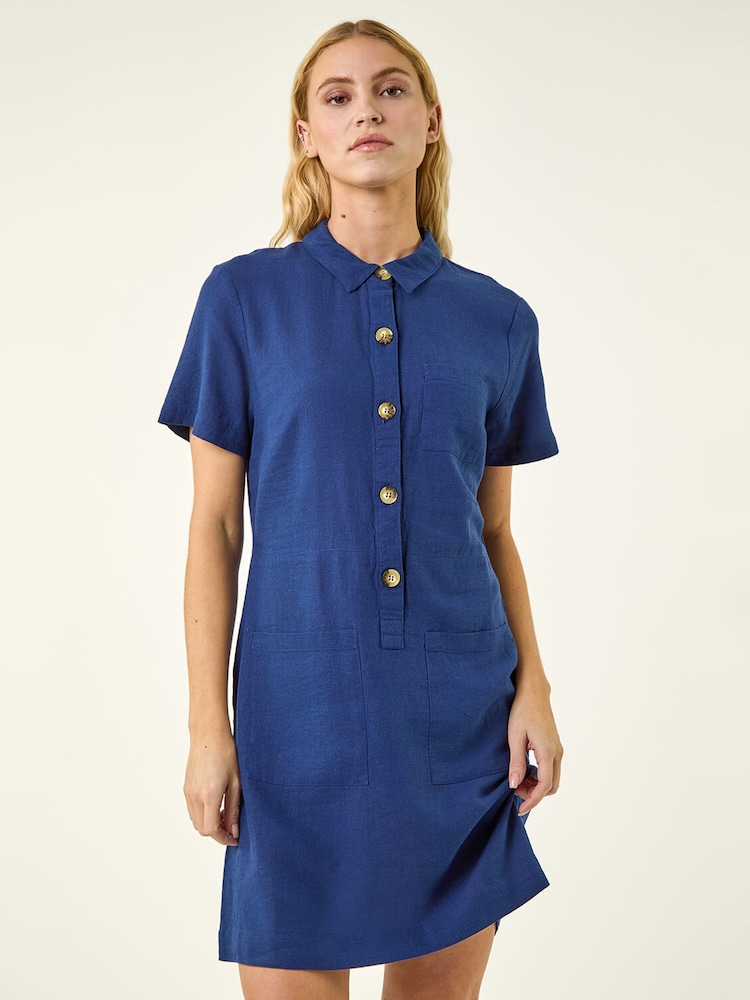 Roman Blue Buttoned Mini Shirt Dress - Image 2 of 4 Roman Blue Buttoned Mini Shirt Dress - Image 2 of 4