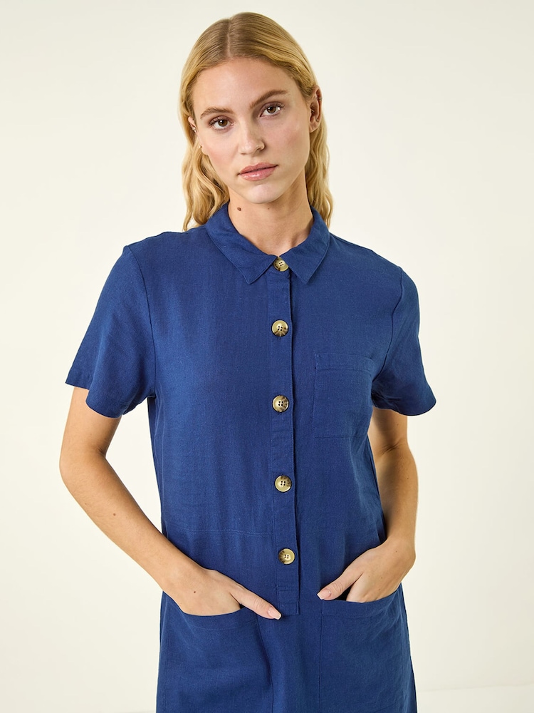 Roman Blue Buttoned Mini Shirt Dress - Image 4 of 4 Roman Blue Buttoned Mini Shirt Dress - Image 4 of 4