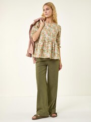 Roman Green Leaf Print Textured Stretch Top - Image 1 of 5