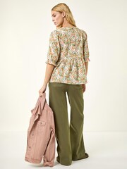Roman Green Leaf Print Textured Stretch Top - Image 2 of 5