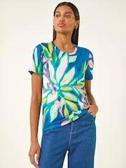 Roman Green Floral Print Stretch Top - Image 2 of 5