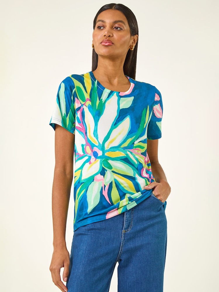 Roman Green Floral Print Stretch Top - Image 2 of 5