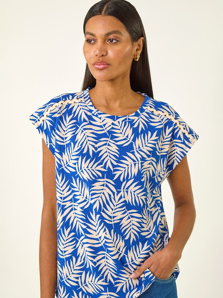 Roman Blue Textured Floral Print Stretch Top - Image 1 of 5 Roman Blue Textured Floral Print Stretch Top - Image 1 of 5