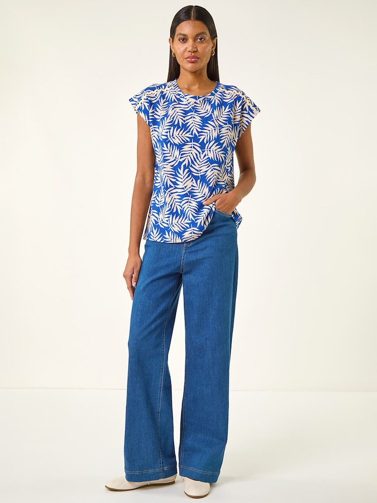 Roman Blue Textured Floral Print Stretch Top - Image 2 of 5 Roman Blue Textured Floral Print Stretch Top - Image 2 of 5