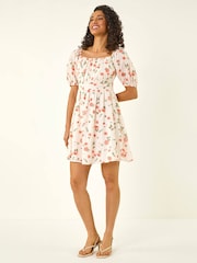 Roman White Floral Print Shirred Dress - Image 2 of 5