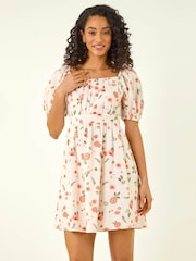 Roman White Floral Print Shirred Dress - Image 4 of 5