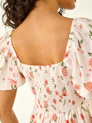 Roman White Floral Print Shirred Dress - Image 5 of 5