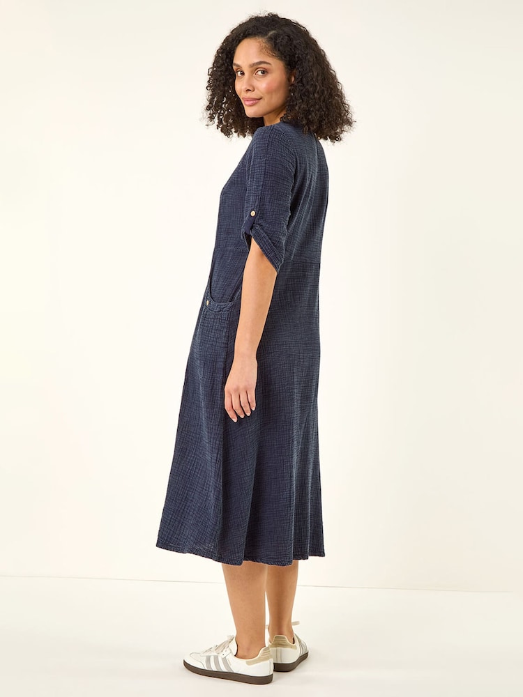Roman Blue Textured A-line Midi Dress - Image 1 of 4