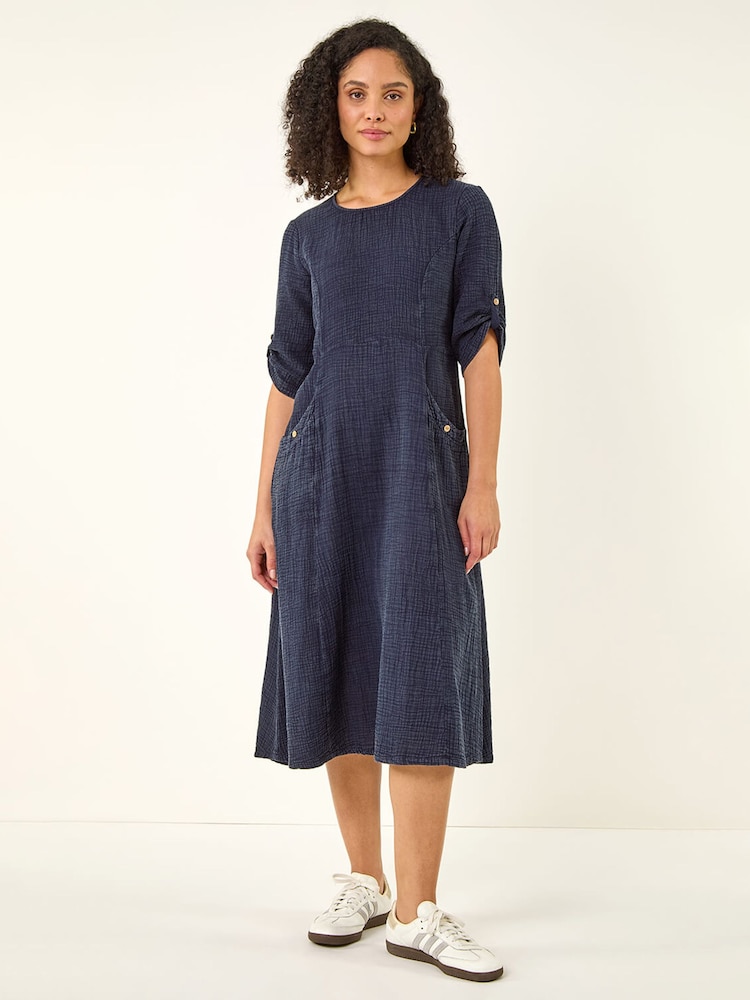Roman Blue Textured A-line Midi Dress - Image 2 of 4