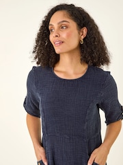 Roman Blue Textured A-line Midi Dress - Image 3 of 4