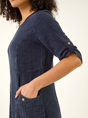 Roman Blue Textured A-line Midi Dress - Image 4 of 4