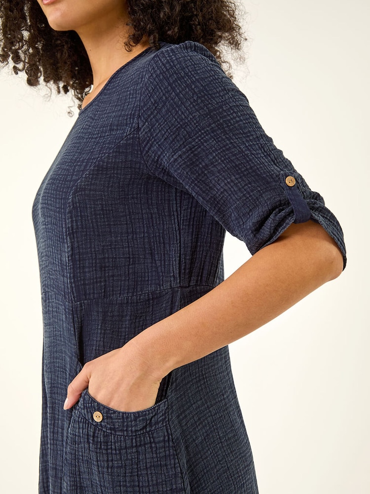 Roman Blue Textured A-line Midi Dress - Image 4 of 4