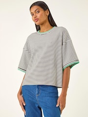 Roman Black Stripe Print Stretch Tunic Top - Image 4 of 5