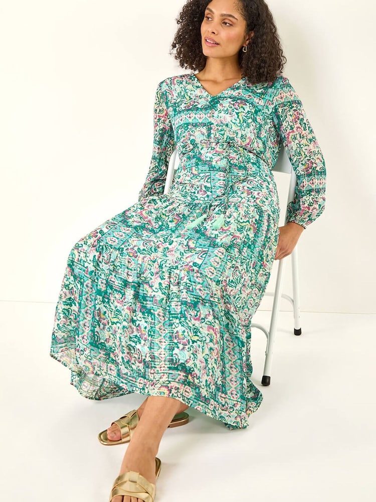 Roman Green Printed Metallic Tie Waist Maxi Dress - Image 1 of 5 Roman Green Printed Metallic Tie Waist Maxi Dress - Image 1 of 5