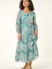 Roman Green Printed Metallic Tie Waist Maxi Dress - Image 2 of 5
