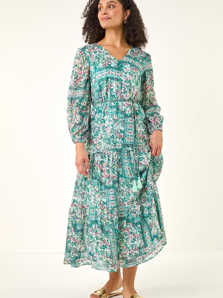 Roman Green Printed Metallic Tie Waist Maxi Dress - Image 2 of 5 Roman Green Printed Metallic Tie Waist Maxi Dress - Image 2 of 5