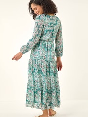Roman Green Printed Metallic Tie Waist Maxi Dress - Image 3 of 5