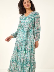 Roman Green Printed Metallic Tie Waist Maxi Dress - Image 4 of 5