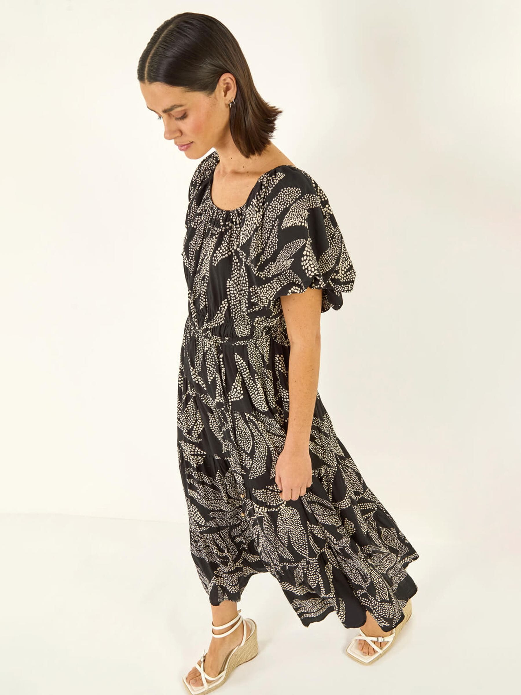 Roman Women's Black Dotted Leaf Print Midi Dress