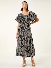 Roman Black Dotted Leaf Print Midi Dress - Image 2 of 5