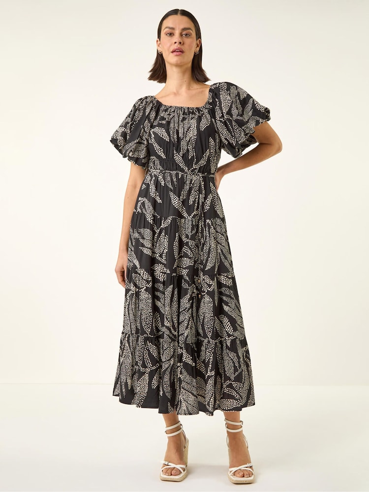 Roman Black Dotted Leaf Print Midi Dress - Image 2 of 5