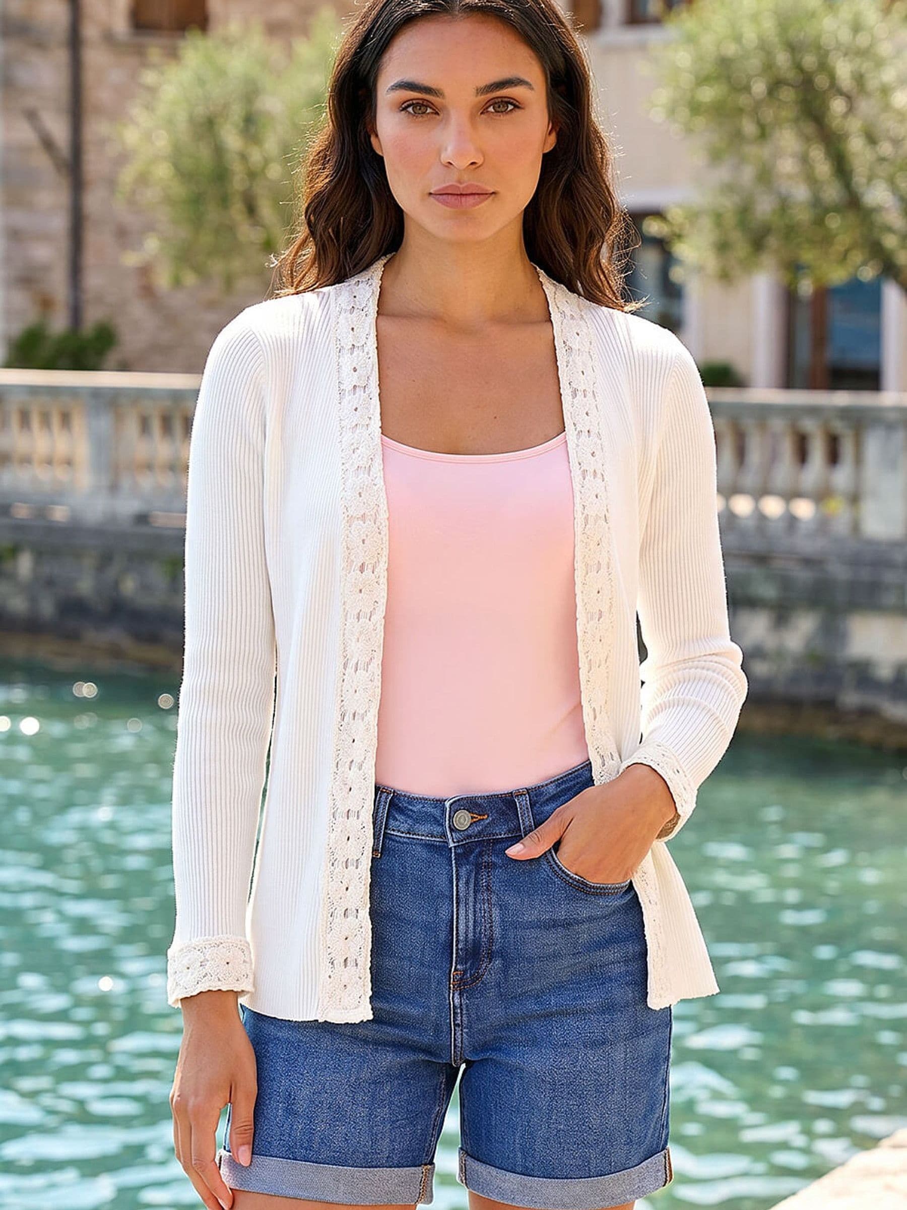 Roman Women's White Crochet Trim Knit Cardigan